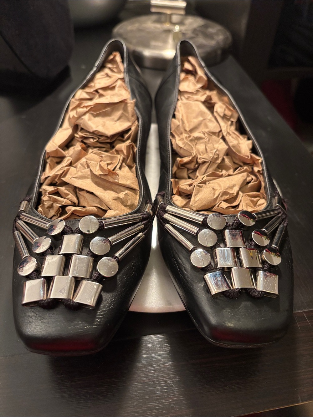 Gucci Black Leather Flats with Silver-Tone Stud Embellishments